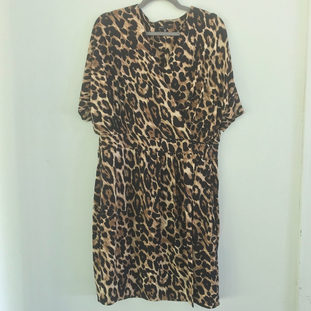Chaus Animal Leopard Print Faux Wrap Style Midi Dress